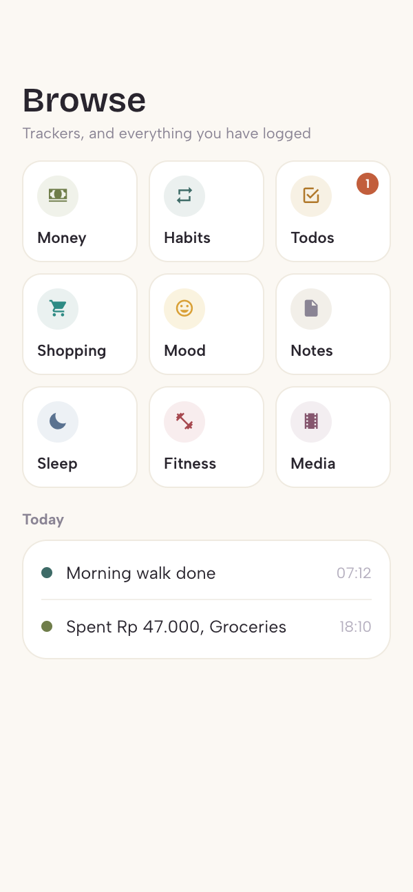 The Browse screen: a grid of nine tracker tiles, with an overdue badge on Todos, above a list of the day's records.